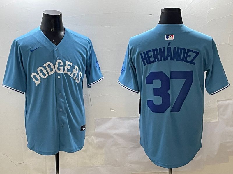 Men Los Angeles Dodgers 37 Hernandez Light Blue Joint Name 2025 Nike MLB Jersey style 1